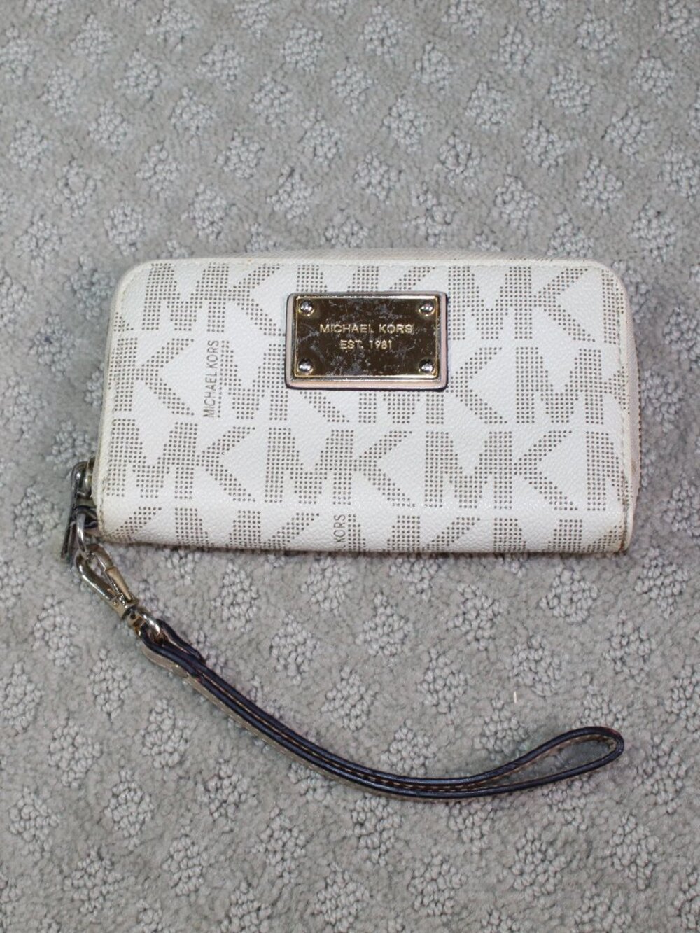 Michael Kors Small Zip Around Cream Brown Logo Wristlet Clutch